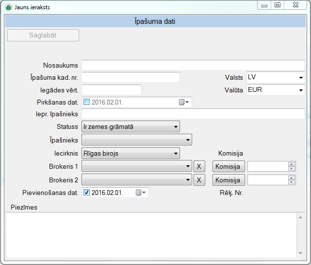 Īpašuma datu veidlapa