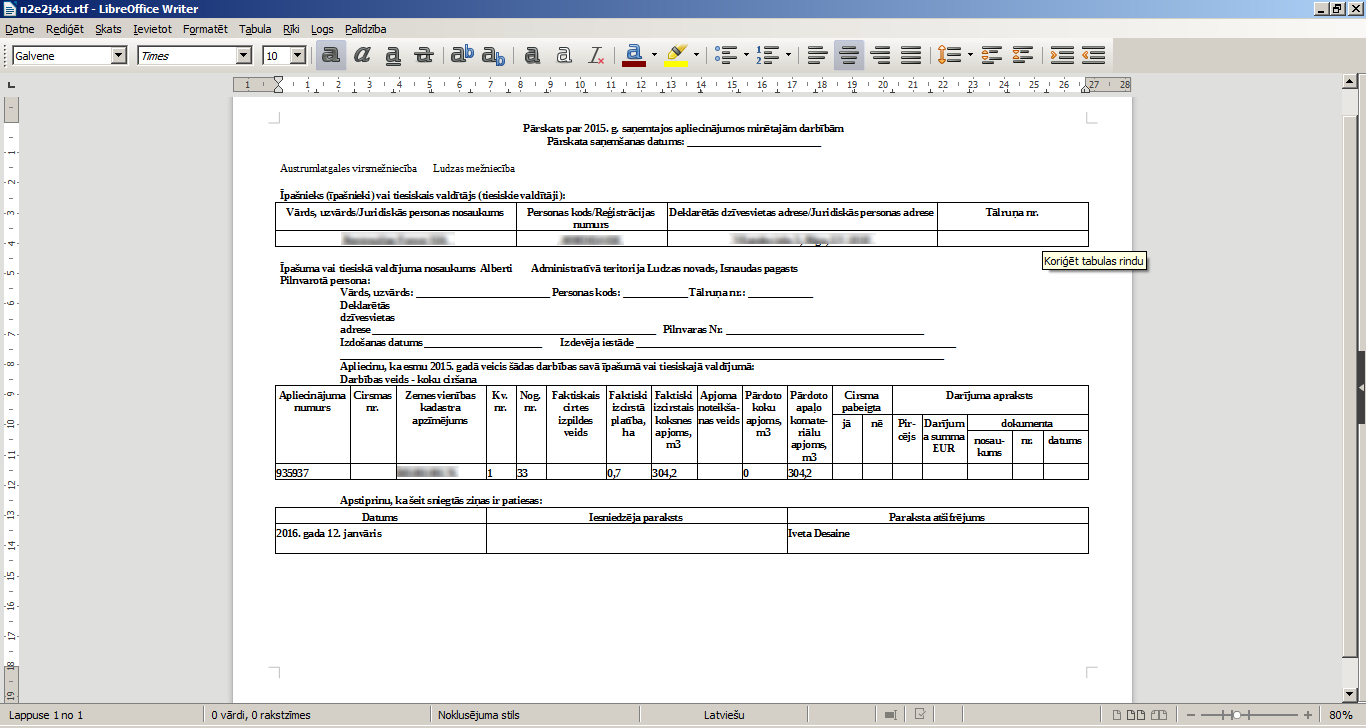 4. attēls. Ciršanas pārskata piemērs, RTF fails atvērts ar LibreOffice.